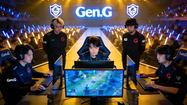Gen.G战队S16竞猜前瞻配图：选手在英雄联盟全球总决赛舞台上的团队站位与比赛席全景